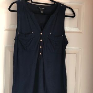 Navy sleeveless top with gold buttons & pockets